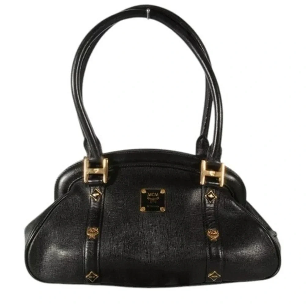 MCM Munchen Black Textured Leather Satchel Gold Hardware Doctor Bag Handbag
